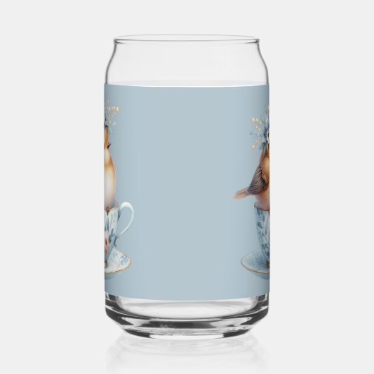 Schattigee Blauwe Vogel met Bloemenkroon in Teacup Blikvorm Glas (Rechts)