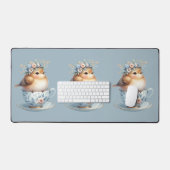 Schattigee Blauwe Vogel met Bloemenkroon in Teacup Bureaumat (Keyboard & Muis)