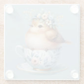 Schattigee Blauwe Vogel met Bloemenkroon in Teacup Glazen Onderzetter (Achterkant)