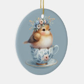 Schattigee Blauwe Vogel met Bloemenkroon in Teacup Keramisch Ornament (Rechts)