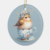 Schattigee Blauwe Vogel met Bloemenkroon in Teacup Keramisch Ornament (Links)
