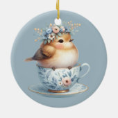 Schattigee Blauwe Vogel met Bloemenkroon in Teacup Keramisch Ornament (Achterkant)