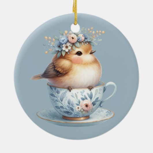 Schattigee Blauwe Vogel met Bloemenkroon in Teacup Keramisch Ornament (Achterkant)