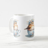 Schattigee Blauwe Vogel met Bloemenkroon in Teacup Koffiemok (Voorkant links)