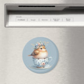 Schattigee Blauwe Vogel met Bloemenkroon in Teacup Magneet (Insitu (Vaatwasser))