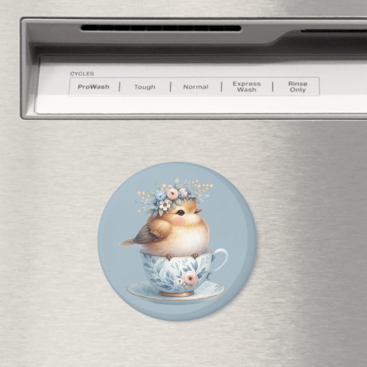 Schattigee Blauwe Vogel met Bloemenkroon in Teacup Magneet (Insitu (Vaatwasser))