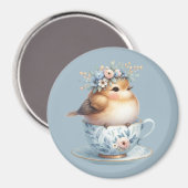Schattigee Blauwe Vogel met Bloemenkroon in Teacup Magneet (Voorkant / Achterkant)