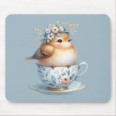 Schattigee Blauwe Vogel met Bloemenkroon in Teacup Muismat (Voorkant)