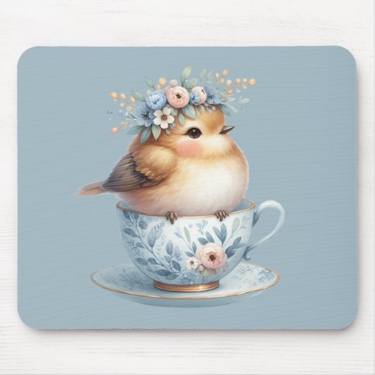 Schattigee Blauwe Vogel met Bloemenkroon in Teacup Muismat (Voorkant)