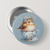 Schattigee Blauwe Vogel met Bloemenkroon in Teacup Ronde Button 7,6 Cm (Voorkant /achterkant)