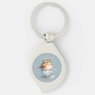 Schattigee Blauwe Vogel met Bloemenkroon in Teacup Sleutelhanger