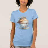 Schattigee Blauwe Vogel met Bloemenkroon in Teacup T-shirt (Voorkant)