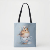 Schattigee Blauwe Vogel met Bloemenkroon in Teacup Tote Bag (Voorkant)