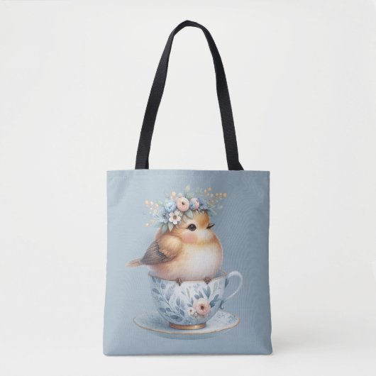 Schattigee Blauwe Vogel met Bloemenkroon in Teacup Tote Bag (Voorkant)
