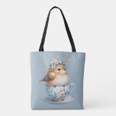 Schattigee Blauwe Vogel met Bloemenkroon in Teacup Tote Bag (Achterkant)