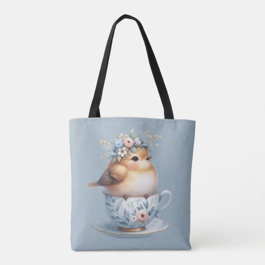 Schattigee Blauwe Vogel met Bloemenkroon in Teacup Tote Bag (Achterkant)