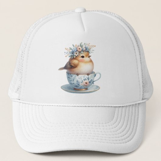 Schattigee Blauwe Vogel met Bloemenkroon in Teacup Trucker Pet (Voorkant)