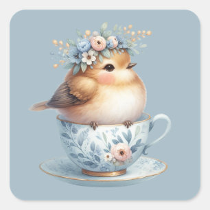 Schattigee Blauwe Vogel met Bloemenkroon in Teacup Vierkante Sticker