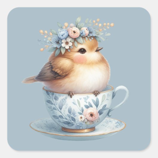 Schattigee Blauwe Vogel met Bloemenkroon in Teacup Vierkante Sticker (Voorkant)