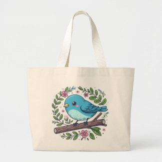Schattigee Blauwe Vogel Op Een Bloeiende Tak Grote Tote Bag