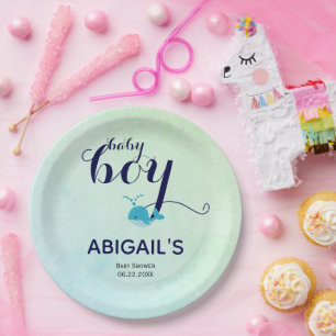 Schattigee blauwe walvis oceaan thema Baby shower Papieren Bordje