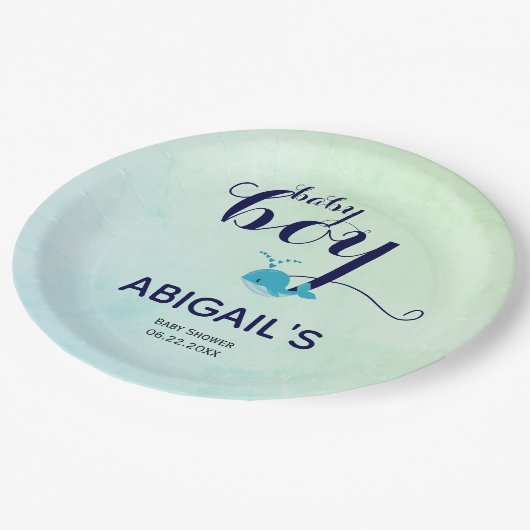 Schattigee blauwe walvis oceaan thema Baby shower Papieren Bordje (Gekanteld)
