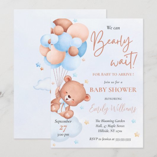 Schattigee Blauwe Waterverf Beer Ballonnen Baby sh Kaart (Voorkant / Achterkant)