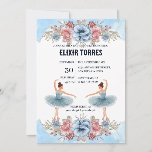 Schattigee Blauwe Waterverf Bloemen Ballerina Baby Kaart (Voorkant)