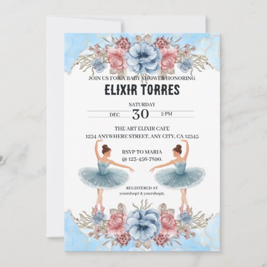 Schattigee Blauwe Waterverf Bloemen Ballerina Baby Kaart (Voorkant)