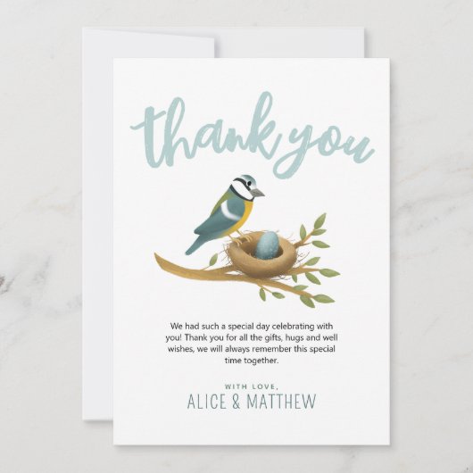 Schattigee Blauwe Waterverf Vogel Baby shower Bedankkaart (Voorkant)