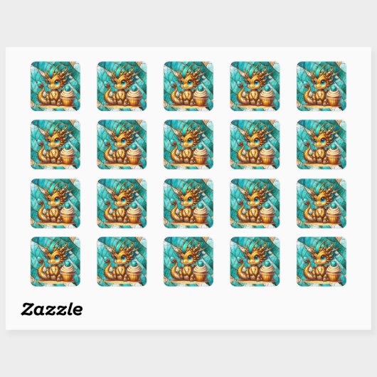 Schattigee Blauwgroen en gouden Dragon Boy's verja Vierkante Sticker (Vel)