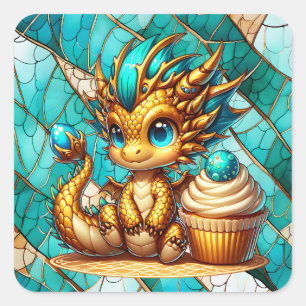 Schattigee Blauwgroen en gouden Dragon Boy's verja Vierkante Sticker