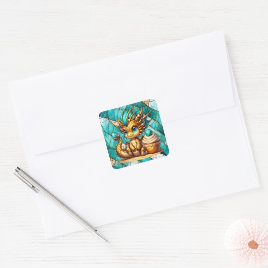 Schattigee Blauwgroen en gouden Dragon Boy's verja Vierkante Sticker (Envelop)