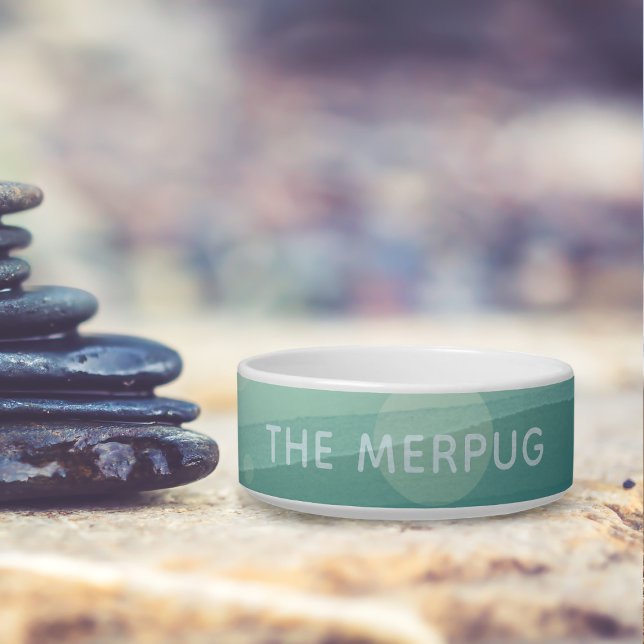 Schattigee Blauwgroen Waterverf aangepaste hondenn Voerbakje (Add your sea dog's name to this teal watercolor pet food bowl)