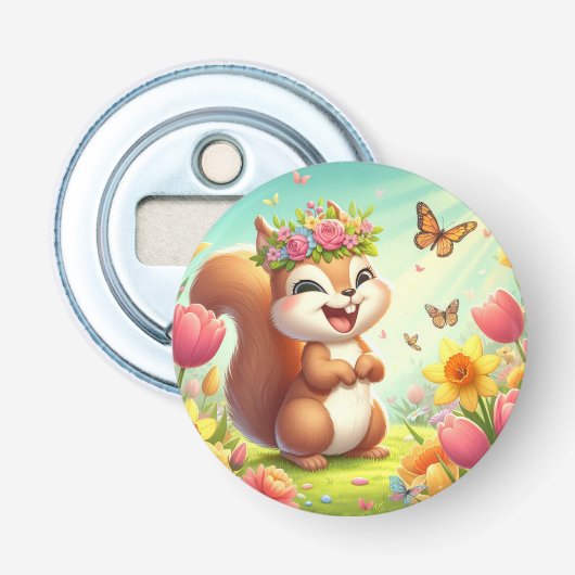 Schattigee, blije lenteeekhoorn button flesopener (Voorkant)