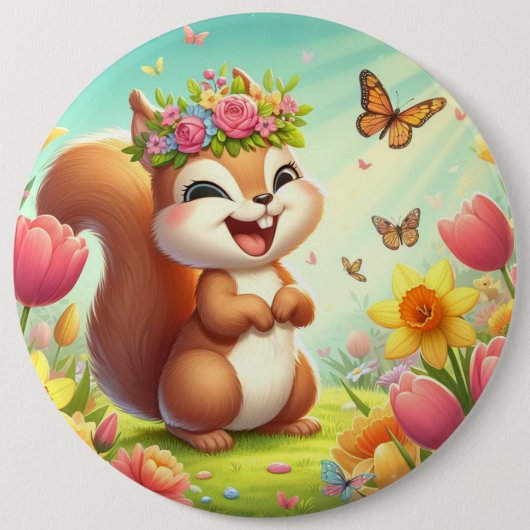 Schattigee, blije lenteeekhoorn ronde button 6,0 cm (Voorkant)