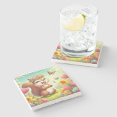 Schattigee, blije lenteeekhoorn stenen onderzetter (Zijkant)