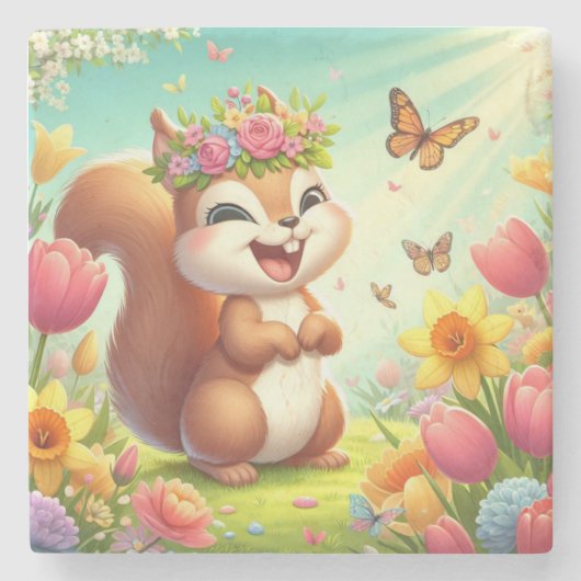 Schattigee, blije lenteeekhoorn stenen onderzetter (Voorkant)