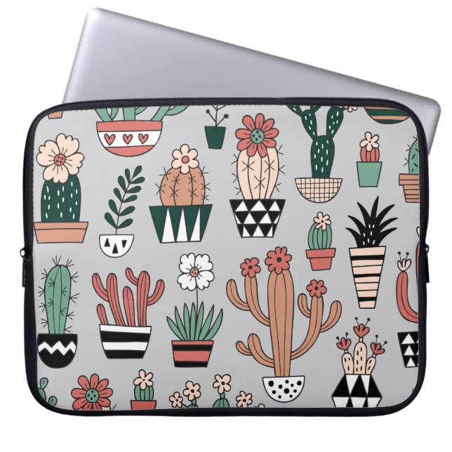 Schattigee bloeiende cactussen: handgetekend patro laptop sleeve (Voorkant)