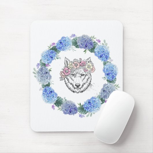 Schattigee Bloemen Blauwe Hydrangea Wolf Mousepad Muismat (Met muis)