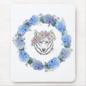 Schattigee Bloemen Blauwe Hydrangea Wolf Mousepad Muismat (Voorkant)