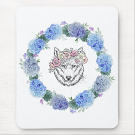 Schattigee Bloemen Blauwe Hydrangea Wolf Mousepad Muismat