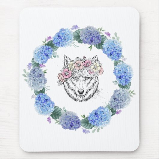 Schattigee Bloemen Blauwe Hydrangea Wolf Mousepad Muismat (Voorkant)