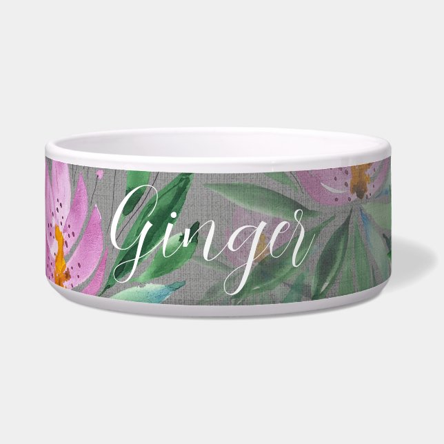 Schattigee Bloemen Bloei Waterverf Monogrammed Voerbakje (Voorkant)