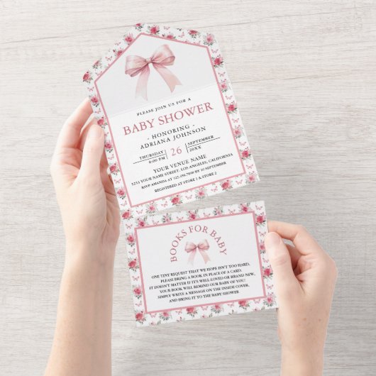 Schattigee Bloemen Blush Roze Coquette Bow Baby sh All In One Uitnodiging (Afscheurbaar)