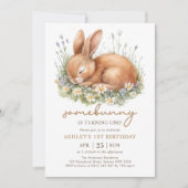 Schattigee Bloemen Bunny Meisje Eerste Verjaardags Kaart (Voorkant)