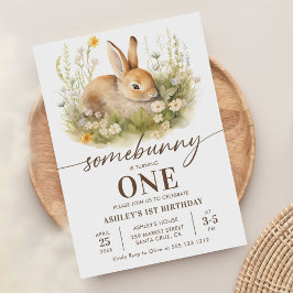 Schattigee Bloemen Bunny Meisje Eerste Verjaardags Kaart