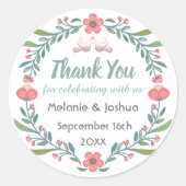 Schattigee Bloemen en Dove Krans Trouwen Dank u Ronde Sticker (Voorkant)