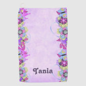 Schattigee bloemen en vlinders op paarse golfhanddoek (Voorkant)