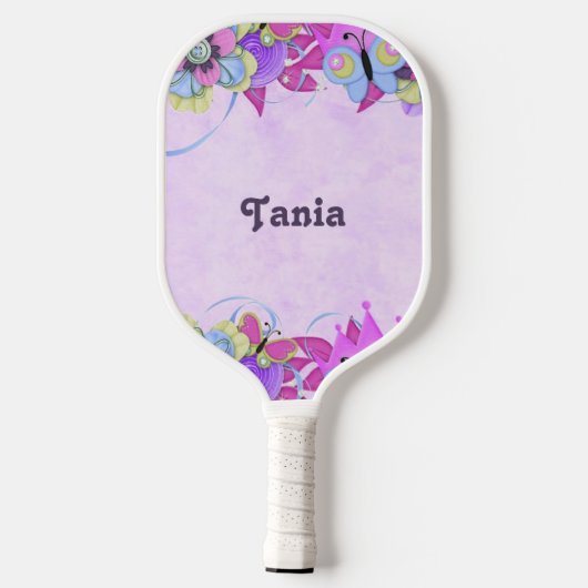 Schattigee bloemen en vlinders op paarse pickleball paddle (Achterkant)